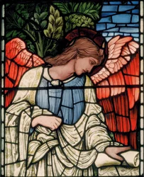 Birmingham, Acocks Green, St Mary The Virgin, Angel with Scroll (detail), 1895